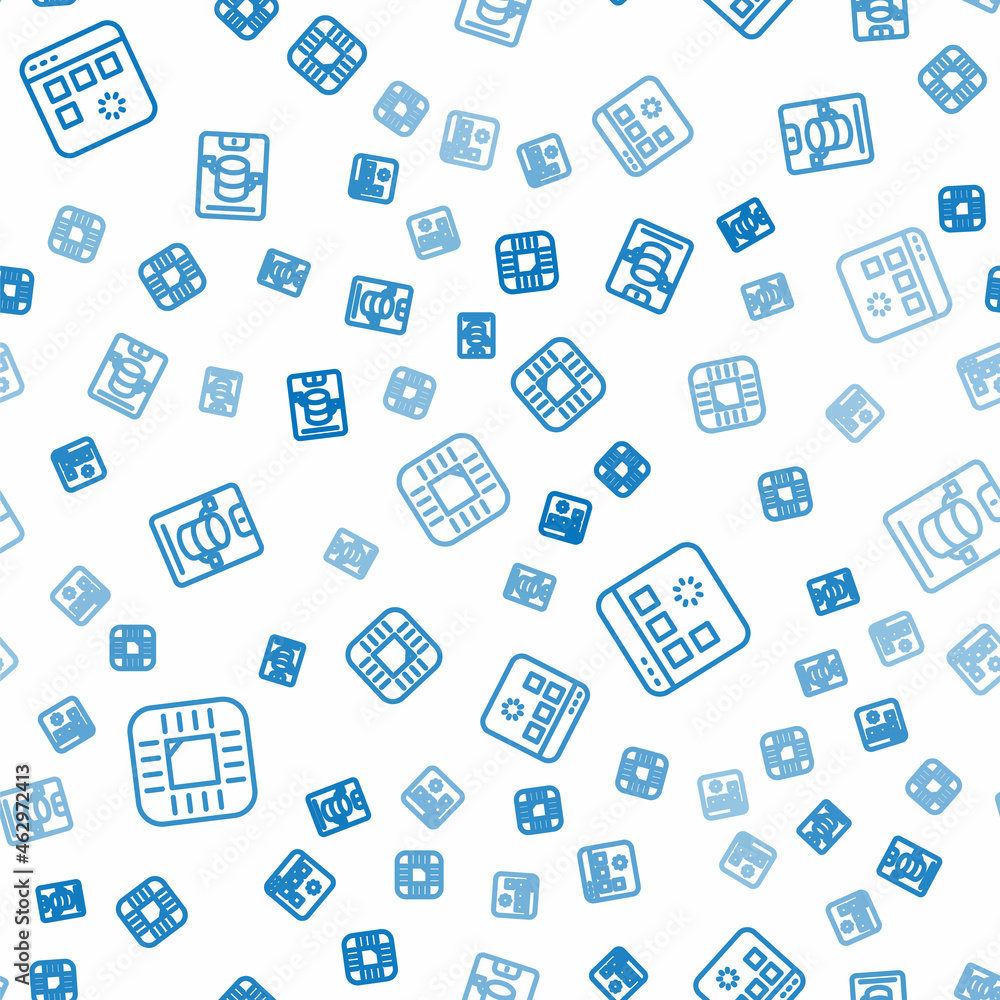 Aufkleber set line processor with cpu, loading data window and server, data, web hosting on seamless pattern. 