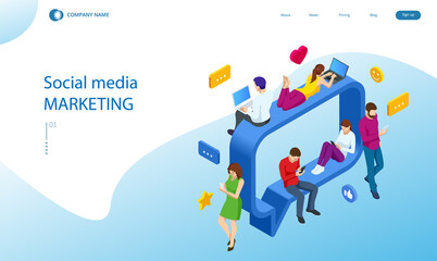 Isometric Social Network Concept. Chatting Mobile Application. Management, Consulting and Marketing.