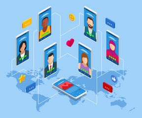 Isometric Social Network Concept. Chatting Mobile Application. Management, Consulting and Marketing.