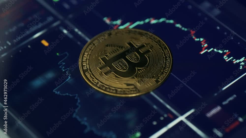 Poster golden bitcoin coin is rotating on a candles chart background. virtual cryptocurrency payment system