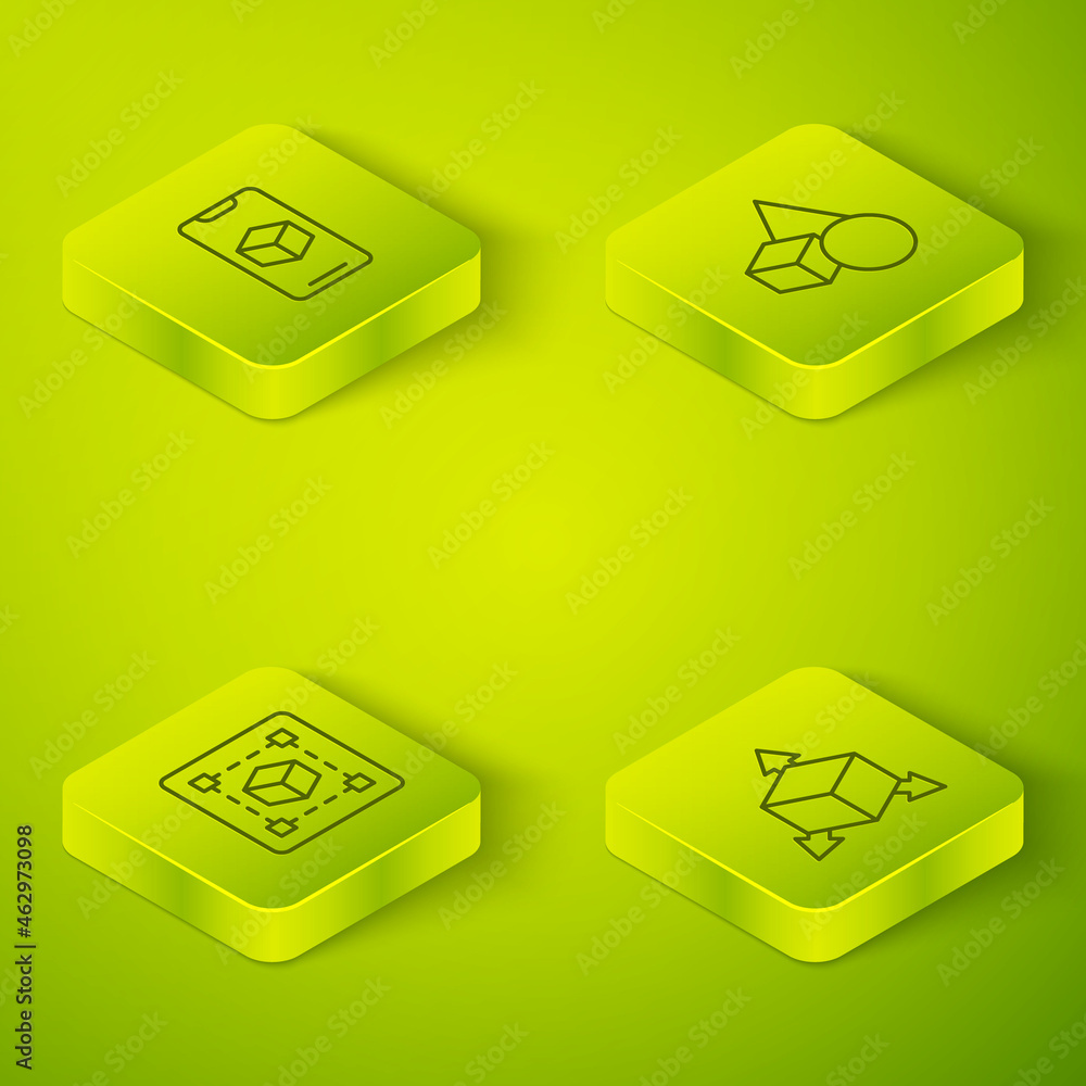 Poster set isometric line basic geometric shapes, geometric figure cube, isometric cube and 3d printer soft