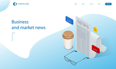 Isometric business news concept. Business news website on digital tablet, everyday searching for job and business opportunities