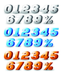 3D numbers with percentage sign vector set in black and white , blue , red color variations