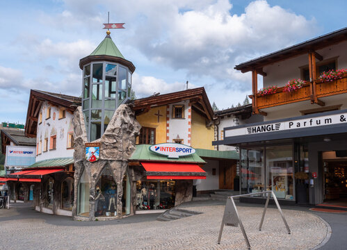 Samnaun, Switzerland - September 28, 2021: Intersport shop in Samnaun, a high alpine village and a valley in Engadin, Switzerland. Know as a duty free zone and a famous ski resort.