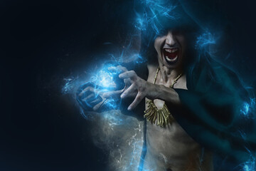 Dark sorcerer casting a magic spell with an animal skull