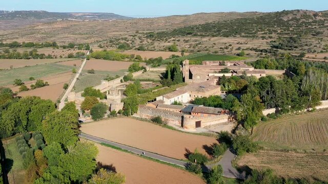 Aerial view of church in the Abbey Royal Monastery of Santa Maria de Veruela, Vera de Moncayo, Zaragoza, Aragon, Spain