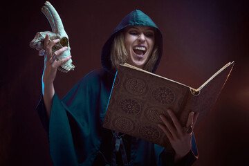 Dark sorceress casting a magic spell with an animal skull