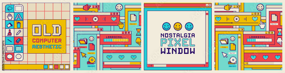 Wall mural vintage desktop windows and boxes, template for square social media post, seamless patterns, frame f