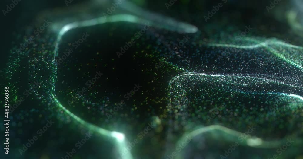 Poster particles flying in the air forming clusters, lines and streams. magical green fairy dust with bokeh