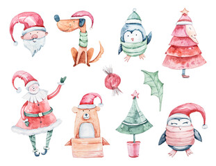 Christmas cute kids clipart in red and green color can be used for stickers, fabric, wrapping paper, packaging paper, scrapbook paper, textile background 