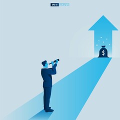 Businessman character looking through telescope seeing success vision with arrow up. Financial, Return on investment ROI chart increase profit vector illustration concept. © L_Nuge