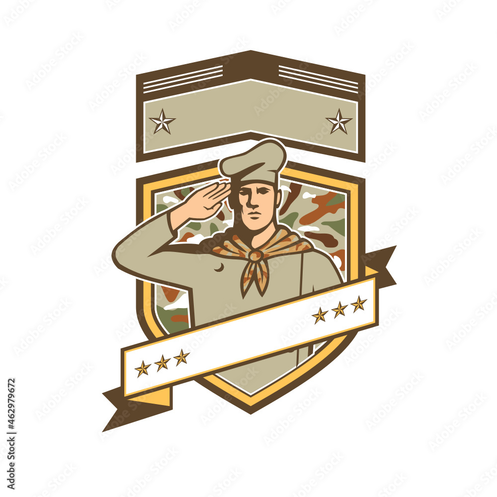 Poster retro style illustration of a military chef or cook wearing camouflage uniform saluting viewed from 