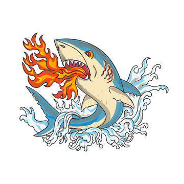 Vintage tattoo style illustration of a great white shark breathing fire jumping up with waves on isolated white background done in full color.