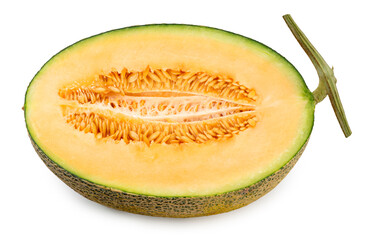 Yellow melon or cantaloupe melon with seeds isolated on white background, Hamigua melon on white background With clipping path.