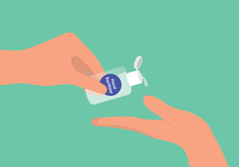 Human Hands Using Portable Hand Sanitizer. Travel Size Pocket Handrub. Alcohol Gel Small Bottle.