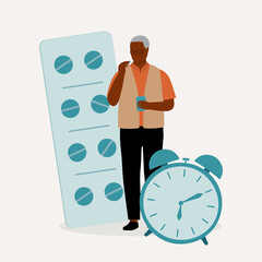 Black Elderly Man Taking Medicine With A Glass Of Water. Medication And Reminder Concept.
