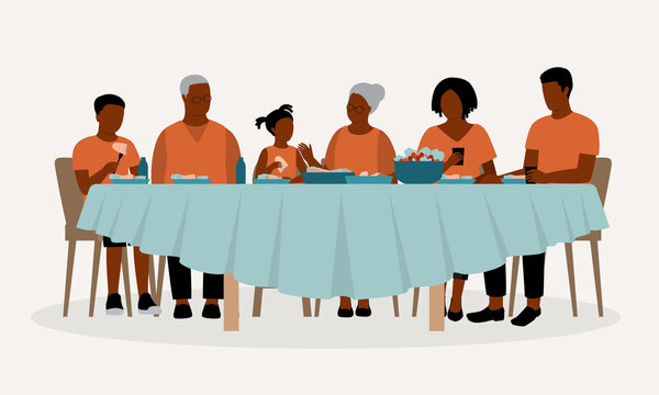 Three Generation Of Black Family Includes Grandparent, Parent And Grandchildren Are Having Dinner Together.