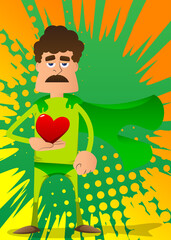 Funny cartoon man dressed as a superhero holding red heart in his hand. Vector illustration.