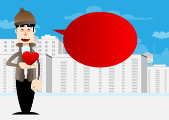 Funny cartoon man dressed for winter holding red heart in his hand. Vector illustration.