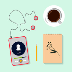 Conceptual illustration of a podcast. Top view. Smartphone, headphones, laptop and a cup of coffee. Audiobook, radio or music programs. Isolated flat vector drawings. For use inTemplate for websites