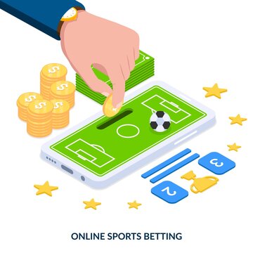 Online sports betting concept. Human hand puts dollar coin in smartphone. Football field with ball and betting score. cash and coins. Isometric vector illustration on white background.