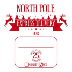 North pole express delivery. Xmas design for a personalized gift bag from Santa Claus. Do not open until 25th of december. Template for christmas handmade gifts. Vector illustration. - obrazy, fototapety, plakaty
