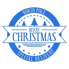 Merry Christmas - round  stamp template for gifts and letters. North pole special delivery. Christmas decorative design element with stars. Vector illustration.