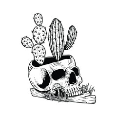 tattoo design hand drawn skull with cactus line art