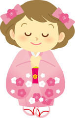 イラスト素材: ニッコリ笑顔で胸に手を当て夢見る表情　振袖姿な女の子の立ち姿　主線なし　ピンク
