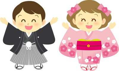 イラスト素材: 着物姿のかわいい人物　主線なし　和装で両手をあげて万歳ポーズをする男女カップル
