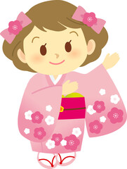 イラスト素材: 着物姿のかわいい人物　主線なし　和装で注目ポーズをする振袖姿の女の子
