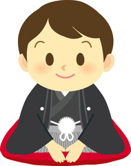 イラスト素材: 着物を着たかわいい人物　主線なし　ニッコリ笑顔の紋付き袴姿の男の子
