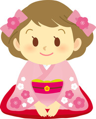 イラスト素材: 着物を着たかわいい人物　主線なし　ニッコリ笑顔の振袖姿な女の子
