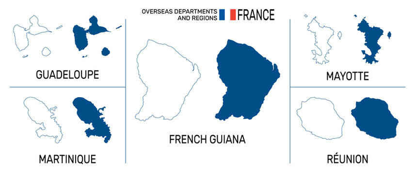 Map of overseas departments and regions of France. High detailed vector outline and blue silhouette. France flag. English labeling. All isolated on white background. Vector illustration