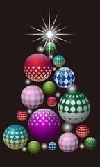 カラフルなクリスマスオーナメントで作った光り輝くクリスマスツリーのイラスト