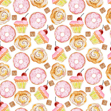 Seamless pattern with donuts, muffins, buns. Elements are painted by watercolor by hand, for printing on fabric, napkins, paper, kitchen decor, fast food decor and home treats.