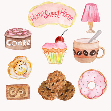 Set of desserts and cutlery, a decor for homemade tea or a picnic-oatmeal cookies,rolls,donuts,cupcakes,mug,box for cookies,table lamp. Elements are painted in watercolor,kitchen decor,magazines,menu
