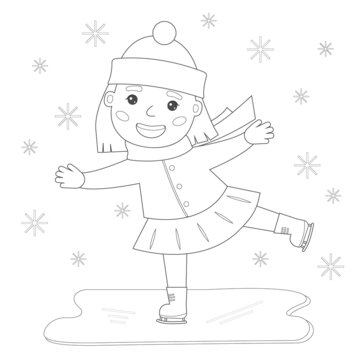 Cute girl skates on ice in winter. Coloring book for children. Vector illustration.