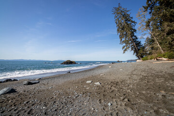 View of an empty beach on Sombrio Beach, Vancouver Island, British Columbia, Canada