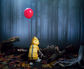 dog in a yellow raincoat with a red ball on a background of a foggy forest. Halloween, jack russell terrier, mystic, joke
