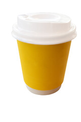 Yellow paper cup wish copies space for hot or warm beverage