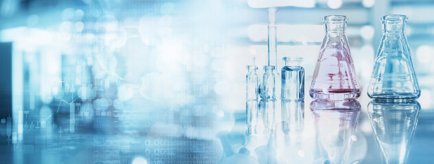 flask and beaker in medical health science of blue technology banner background