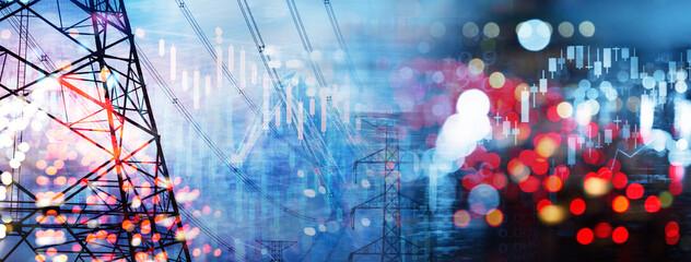 market stock graph and information with city light and electricity and energy facility banner...