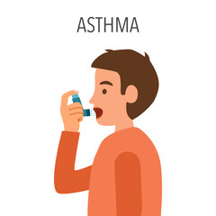 Boy kids using asthma inhaler against allergic attack in flat design on white background. - obrazy, fototapety, plakaty