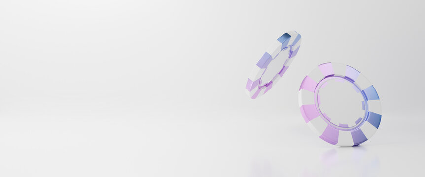 3D rendering of pastel purple casino chips falling on white background.