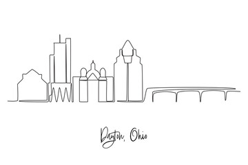 Obraz premium Continuous line drawing of Dayton city skyline, Ohio. Beautiful landmark. World landscape tourism travel home wall decor poster print. Stylish single line draw design vector graphic illustration