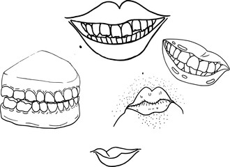 Set of 5 hand drawn mouth related objects. Smile, frown, dentures, serious. Mouth movements or expressions.