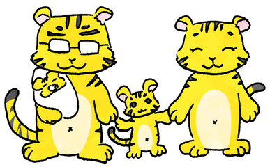 水彩調。トラのお父さんと赤ちゃんと子供とお母さんが手を繋いで立っているイラスト。