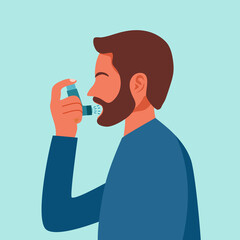 Man using asthma inhaler against allergic attack in flat design. - obrazy, fototapety, plakaty