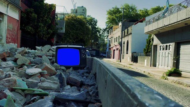 Retro Television turning on Blue Chroma Screen on a Skip Dump Container. Zoom In. 4K Resolution.